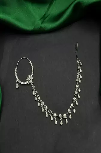 Silver look piercing bridal nath with chain | cz stone indian nose ring