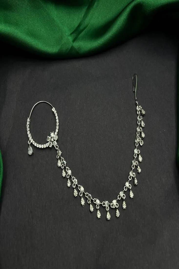 Silver look piercing bridal nath with chain | cz stone indian nose ring