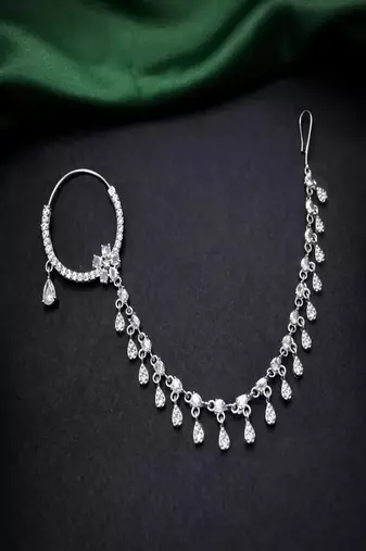 Silver look piercing bridal nath with chain | cz stone indian nose ring