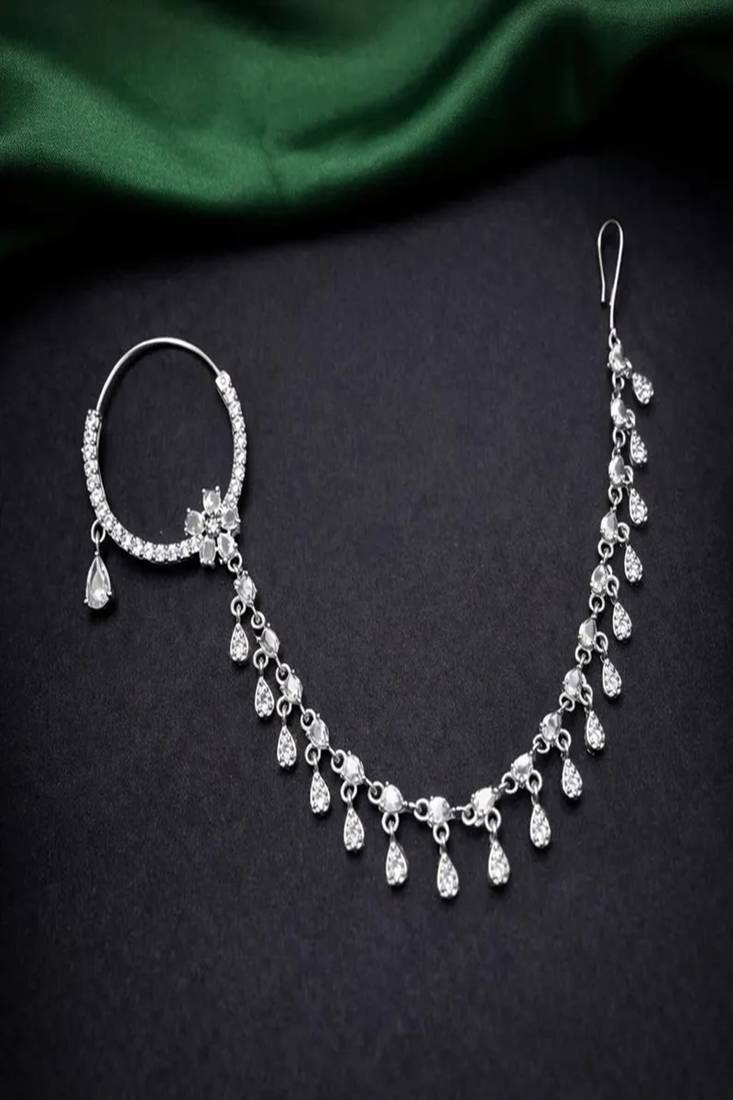 Silver look piercing bridal nath with chain | cz stone indian nose ring