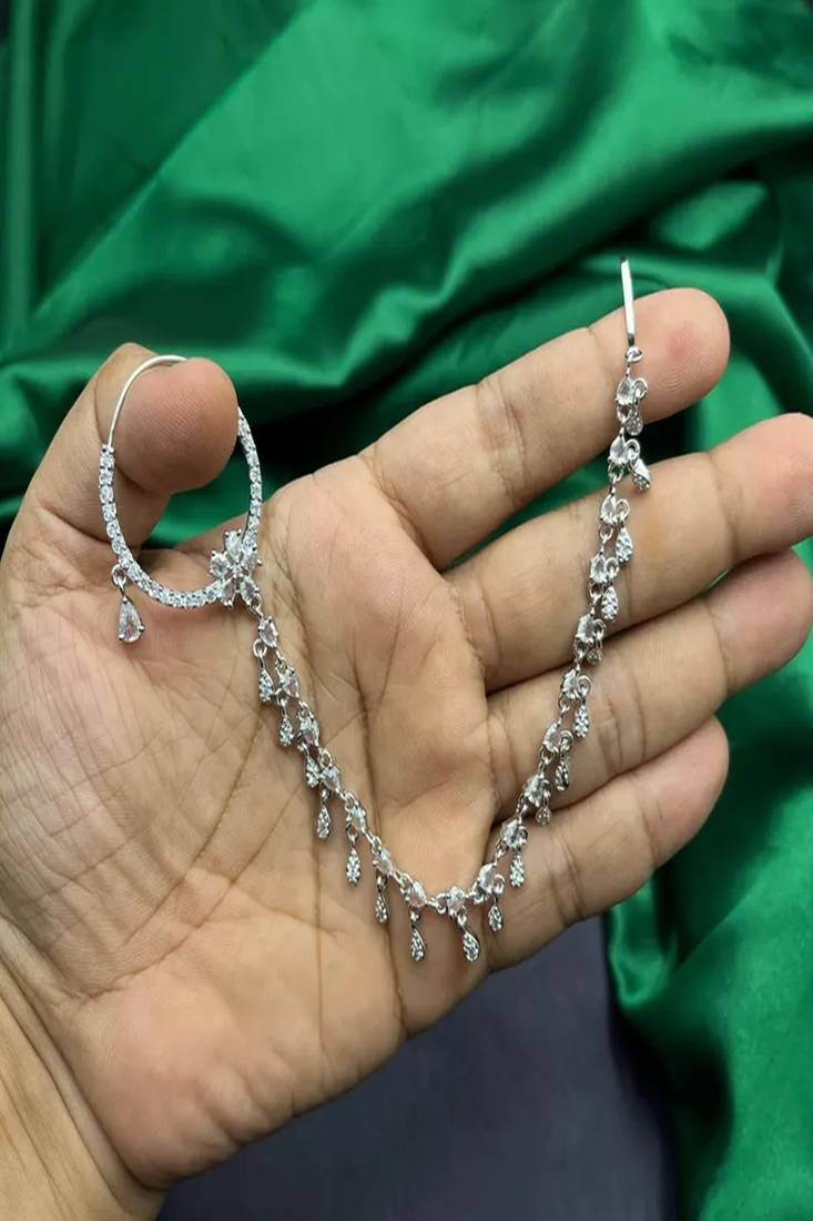 Silver look piercing bridal nath with chain | cz stone indian nose ring