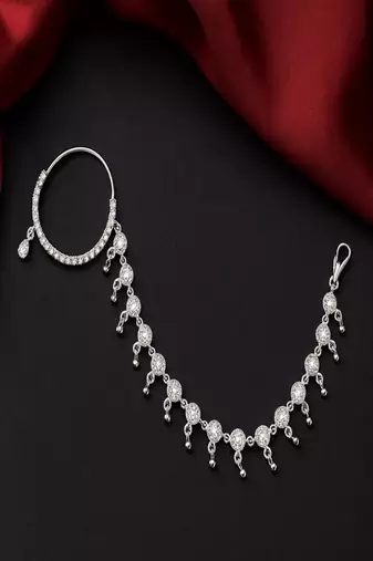 Cz diamond bridal nath: silver indian nose ring with chain