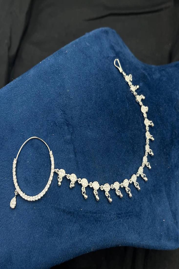 Cz diamond bridal nath: silver indian nose ring with chain
