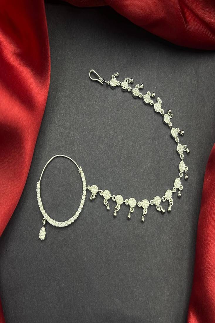 Cz diamond bridal nath: silver indian nose ring with chain