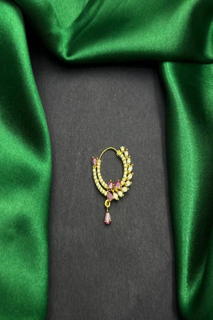 Gold plated cz ruby hoop nose ring|teardrop indian nath