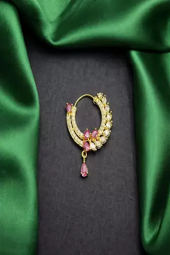Gold plated cz ruby hoop nose ring|teardrop indian nath