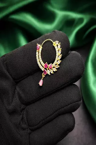 Gold plated cz ruby hoop nose ring|teardrop indian nath