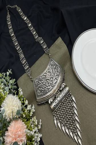 Oxidized silver tribal necklace: boho brass ethnic jewelry