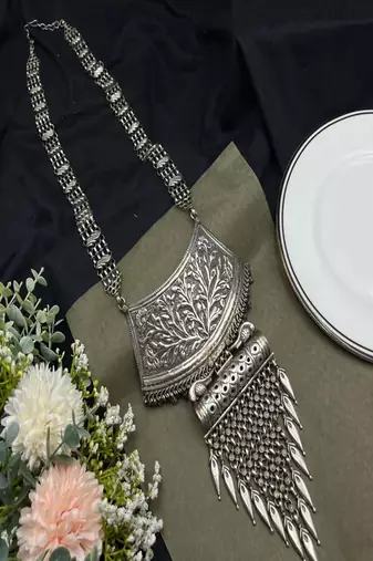Oxidized silver tribal necklace: boho brass ethnic jewelry