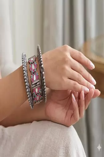 Oxidized silver lotus bangle set with enamel meenakari, boho statement kada bracelet for women