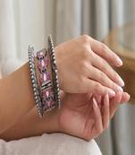 Oxidized silver lotus bangle set with enamel meenakari, boho statement kada bracelet for women