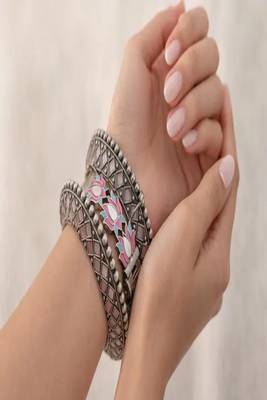 Oxidized silver lotus bangle set with enamel meenakari, boho statement kada bracelet for women 2