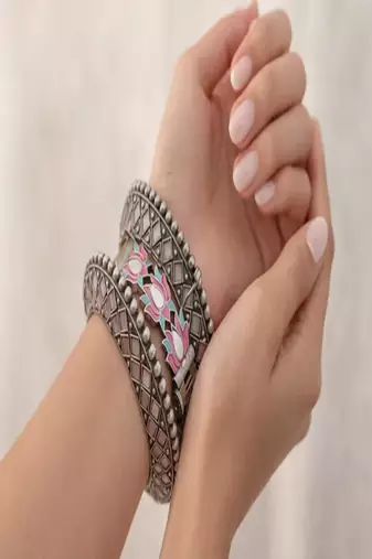 Oxidized silver lotus bangle set with enamel meenakari, boho statement kada bracelet for women