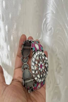Oxidized silver lotus bangle set with enamel meenakari, boho statement kada bracelet for women 3