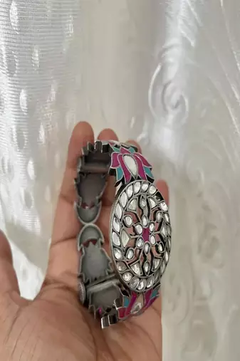 Oxidized silver lotus bangle set with enamel meenakari, boho statement kada bracelet for women