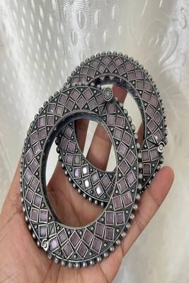 Oxidized silver lotus bangle set with enamel meenakari, boho statement kada bracelet for women 4