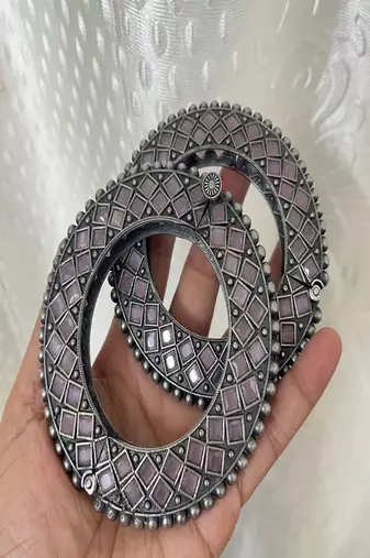 Oxidized silver lotus bangle set with enamel meenakari, boho statement kada bracelet for women