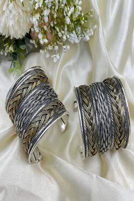 Dual tone oxidized hand cuff bracelet | silver gold tribal statement kada 3