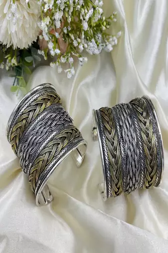 Dual tone oxidized hand cuff bracelet | silver gold tribal statement kada