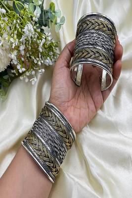 Dual tone oxidized hand cuff bracelet | silver gold tribal statement kada 4