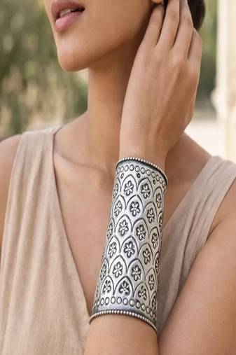 Oxidised silver hand cuff bracelet (set of 2) for women, wide floral vintage engraved statement cuff