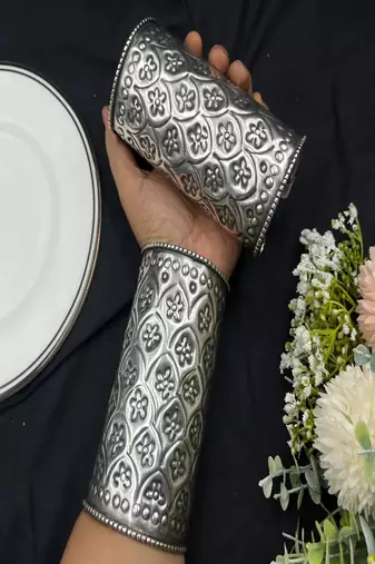 Oxidised silver hand cuff bracelet (set of 2) for women, wide floral vintage engraved statement cuff