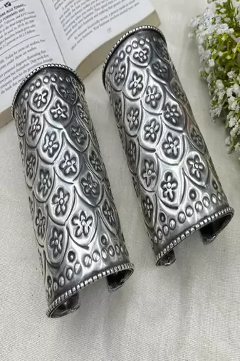 Oxidised silver hand cuff bracelet (set of 2) for women, wide floral vintage engraved statement cuff