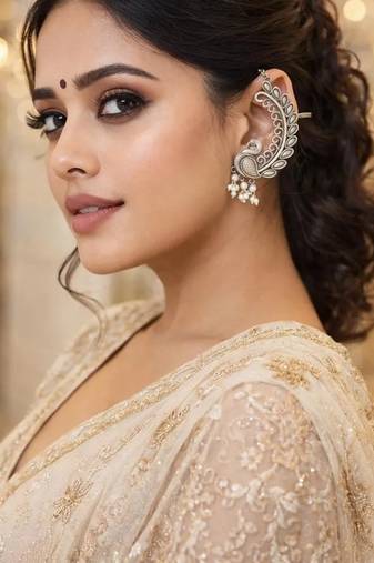 Peacock ear cuff earrings silver | boho ear wrap | statement ear climber with pearls