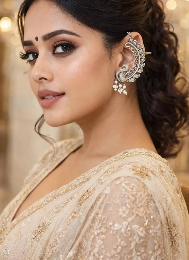 Peacock ear cuff earrings silver | boho ear wrap | statement ear climber with pearls