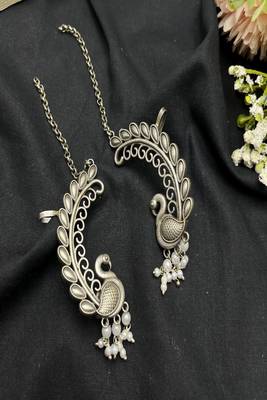 Peacock ear cuff earrings silver | boho ear wrap | statement ear climber with pearls 2