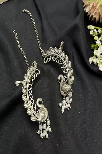 Peacock ear cuff earrings silver | boho ear wrap | statement ear climber with pearls
