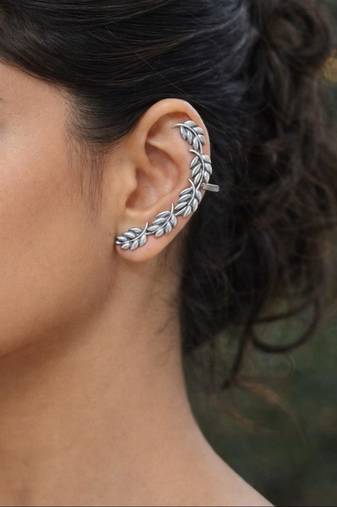 Silver leaf ear cuff earring, nature inspired ear wrap, boho ear climber