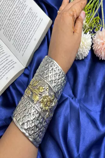 Oxidized silver cuff bracelet: vintage dual tone boho floral broad bangle adjustable