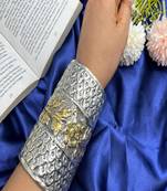 Oxidized silver cuff bracelet: vintage dual tone boho floral broad bangle adjustable
