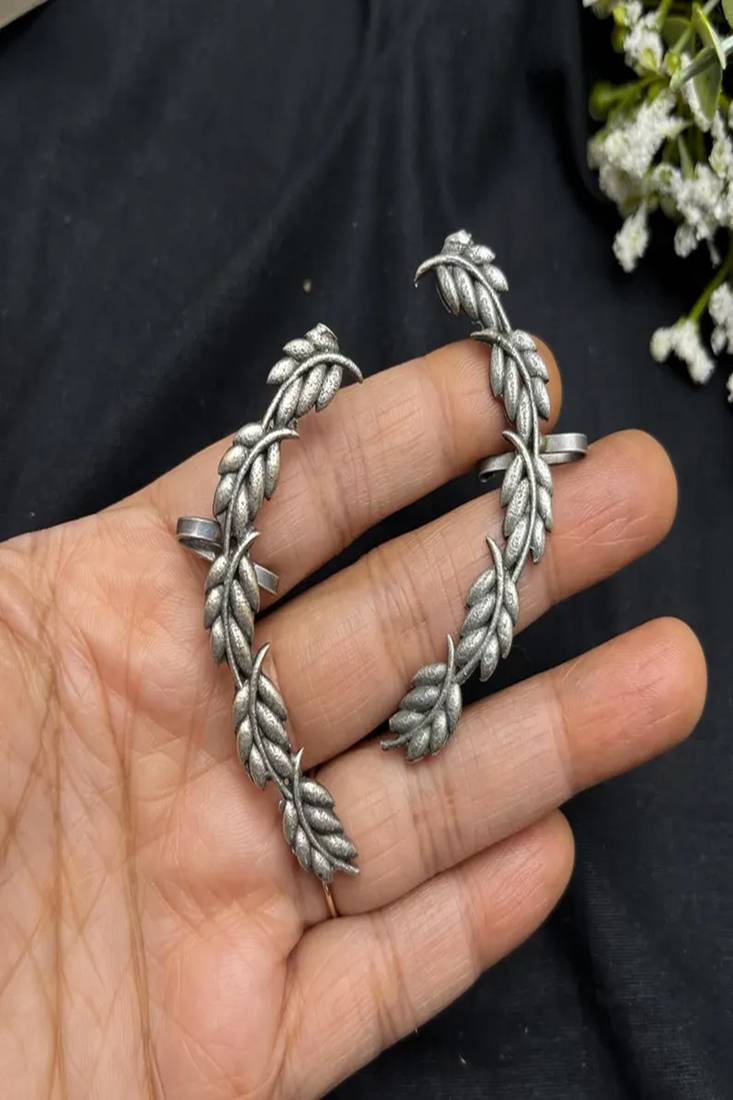 Silver leaf ear cuff earring, nature inspired ear wrap, boho ear climber