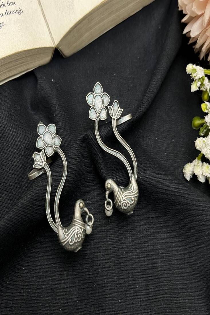Oxidized silver peacock ear cuff|indian traditional bugadi earrings