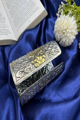Oxidized silver cuff bracelet: vintage dual tone boho floral broad bangle adjustable 4