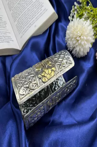 Oxidized silver cuff bracelet: vintage dual tone boho floral broad bangle adjustable