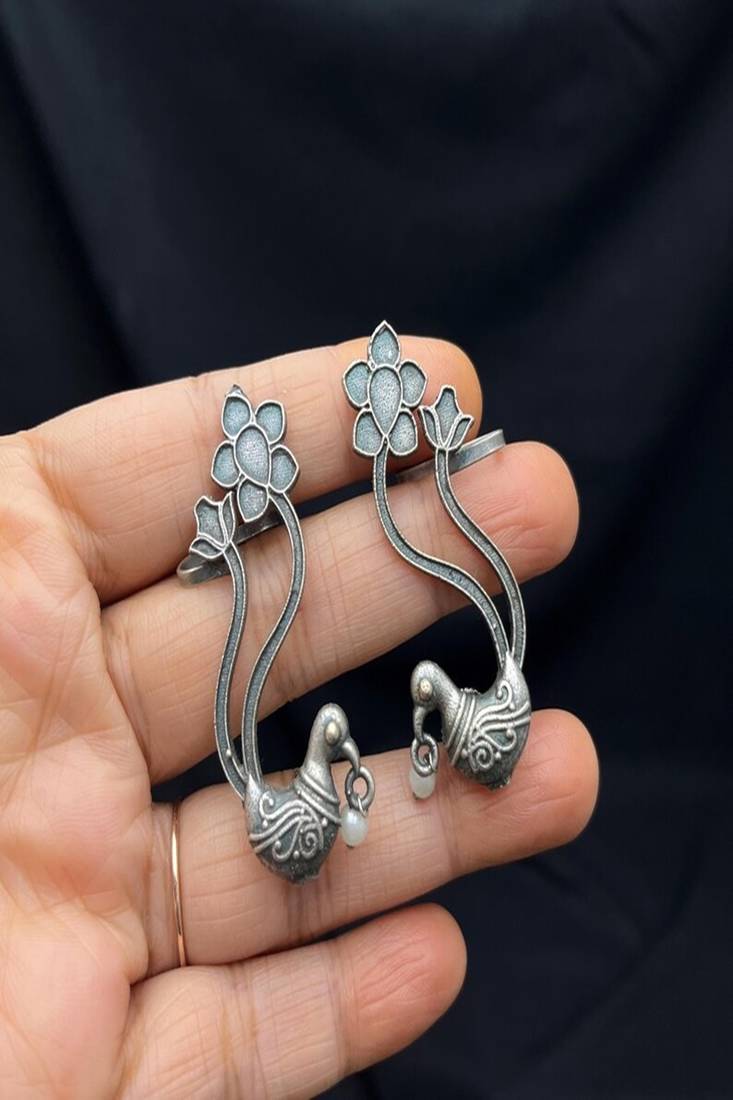 Oxidized silver peacock ear cuff|indian traditional bugadi earrings
