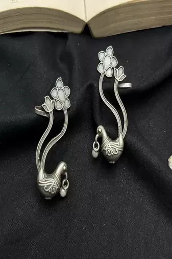 Oxidized silver peacock ear cuff|indian traditional bugadi earrings