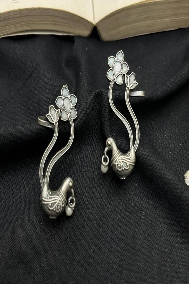Oxidized silver peacock ear cuff|indian traditional bugadi earrings