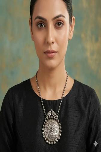 Oxidized silver bird statement necklace, big round tribal pendant