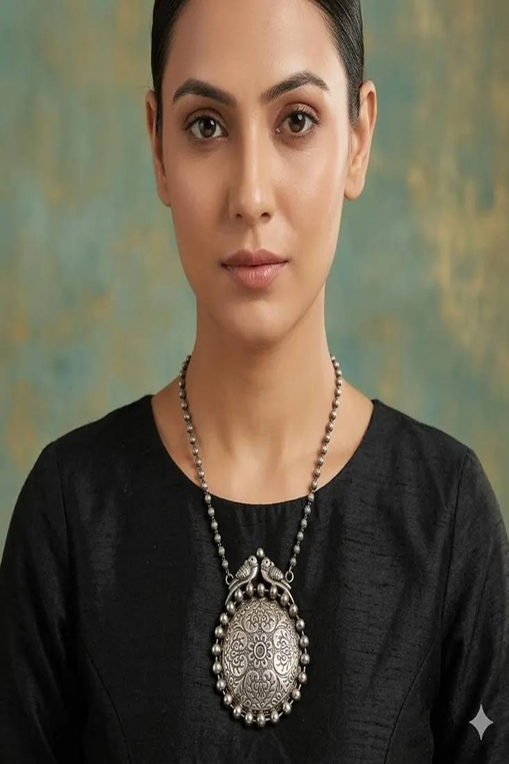 Oxidized silver bird statement necklace, big round tribal pendant