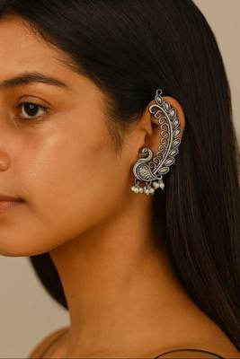 Oxidized silver peacock ear cuff: indian pearl statement jewelry 1