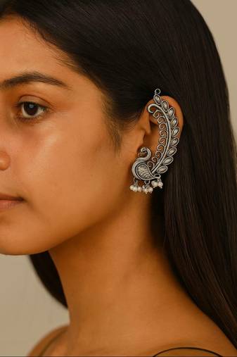 Oxidized silver peacock ear cuff: indian pearl statement jewelry