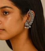 Oxidized silver peacock ear cuff: indian pearl statement jewelry