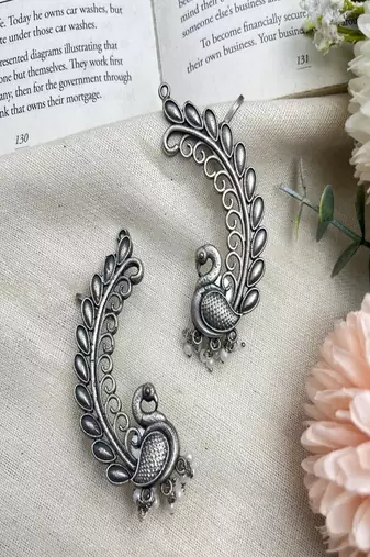 Oxidized silver peacock ear cuff: indian pearl statement jewelry