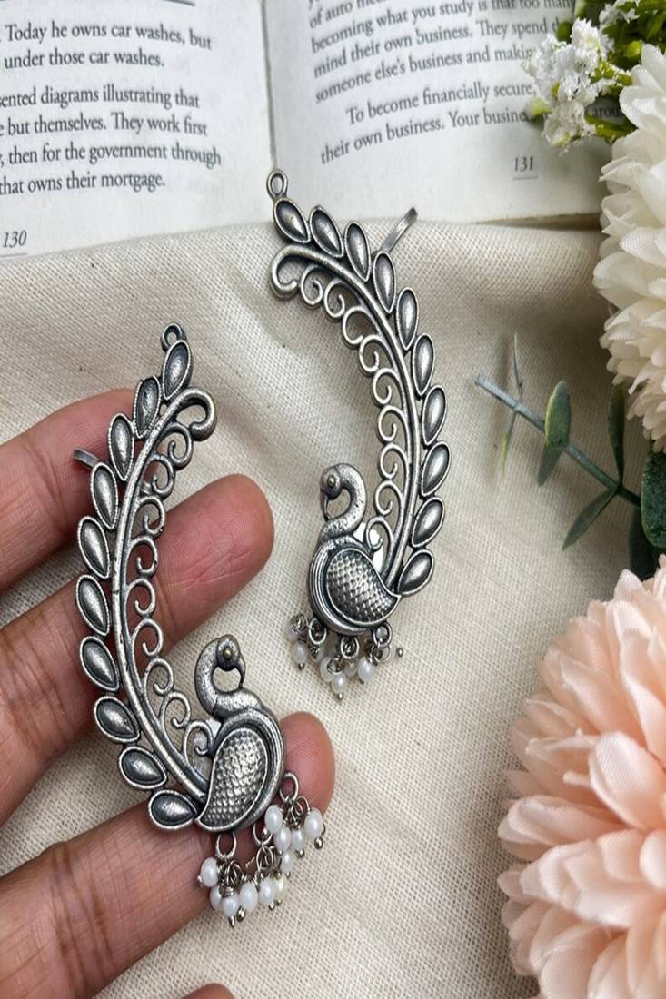 Oxidized silver peacock ear cuff: indian pearl statement jewelry