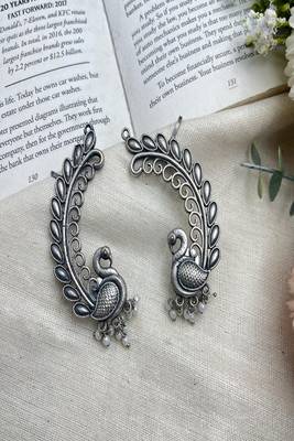 Oxidized silver peacock ear cuff: indian pearl statement jewelry 4