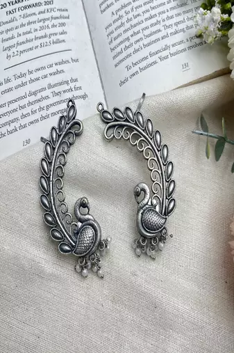 Oxidized silver peacock ear cuff: indian pearl statement jewelry